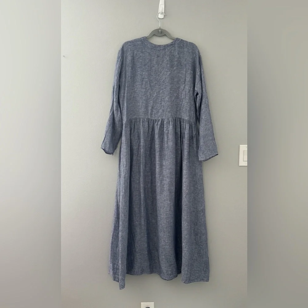 WOMENS CP SHADES BLUE CHAMBRAY LINEN AMANDA MAXI DRESS~POCKETS~  M - Picture 3 of 10